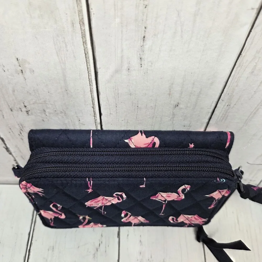 Vera Bradley Pink Flamingo Quilted Wallet Navy Blue RFID Multi Compartment GUC